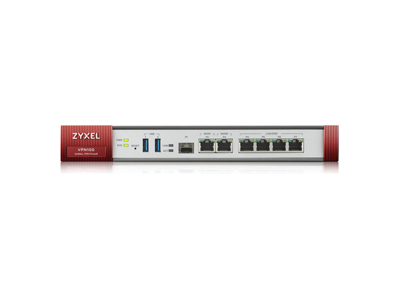 VPN100-RU0101F  Межсетевой экран Zyxel ZyWALL VPN100 (VPN100-RU0101F) 10/ 100/ 1000BASE-TX/ SFP 3xWAN GE (2xRJ-45 и 1xSFP), 4xLAN/ DMZ GE, 2xUSB3.0, AP Controller (4/ 68), SD-WAN, Device HA Pro, подписка на 1 год фильтрации контента (CF) и Geo IP 2