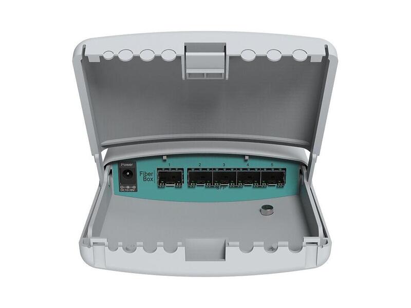 CRS105-5S-FB  MikroTik FiberBox with 400MHz CPU, 128MB RAM, 5xSFP cages, 1x S-RJ01 module included, RouterOS L5, outdoor case, PSU, PoE, mounting set